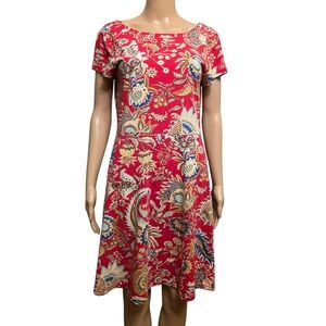 Chaps Red Floral Short Sleeve Fit n Flare Dress Size L